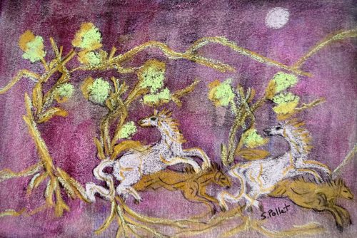 Fanciful Prancing5.5”X 8.5”Acrylics and Pastels on Paper