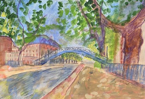 Canal St. Martin, Paris9” X 12”Acrylic, Gouache, Pastel Pencils, and Graphite