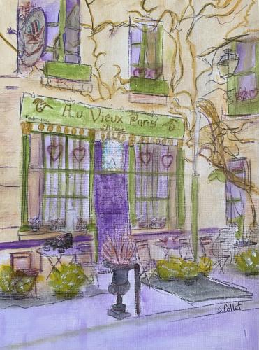 Restaurant in Paris9” X 12”Acrylic, Gouache, Pastel Pencils, and Graphite
