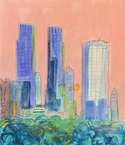 NYC Series:  Sunset From A Lofty Perch9” X 12”Acrylic, Gouache, Pastel Pencils, and Graphite