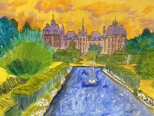 France Series:  Chateau De Cheverny, Loire Valley9” X 12”Acrylic, Gouache, Pastel Pencils, and Graphite