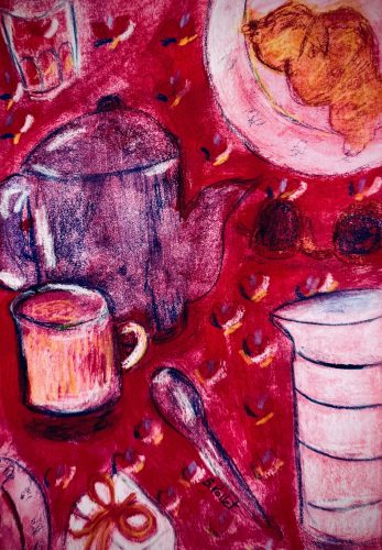 Still Life With Red Tablecloth5.5”X 8.5”Acrylics and Pastels on Paper
