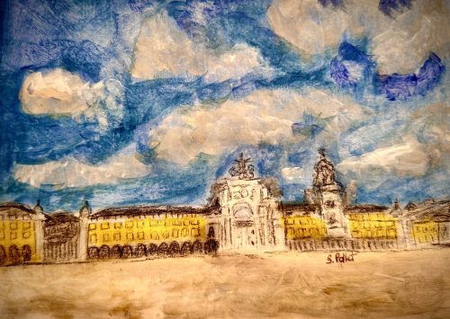 Lisbon Plaza7”X10”Acrylics and Pastels on Paper