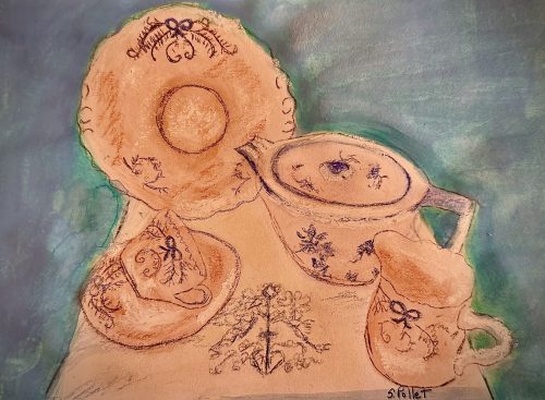Tea Set on Linen7”X10”Acrylics and Pastels on Paper