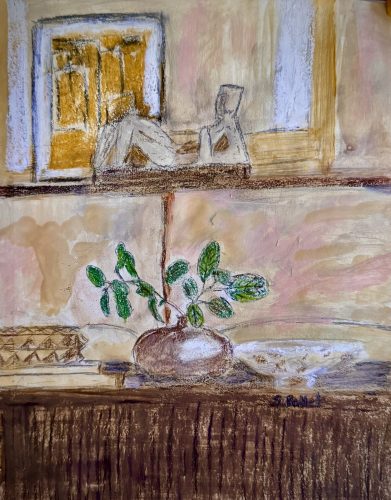 Still Life With Sculpture7”X10”Acrylics and Pastels on Paper