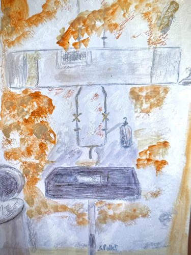 NYC Bathroom Fresco7”X10”Acrylics and Pastels on Paper